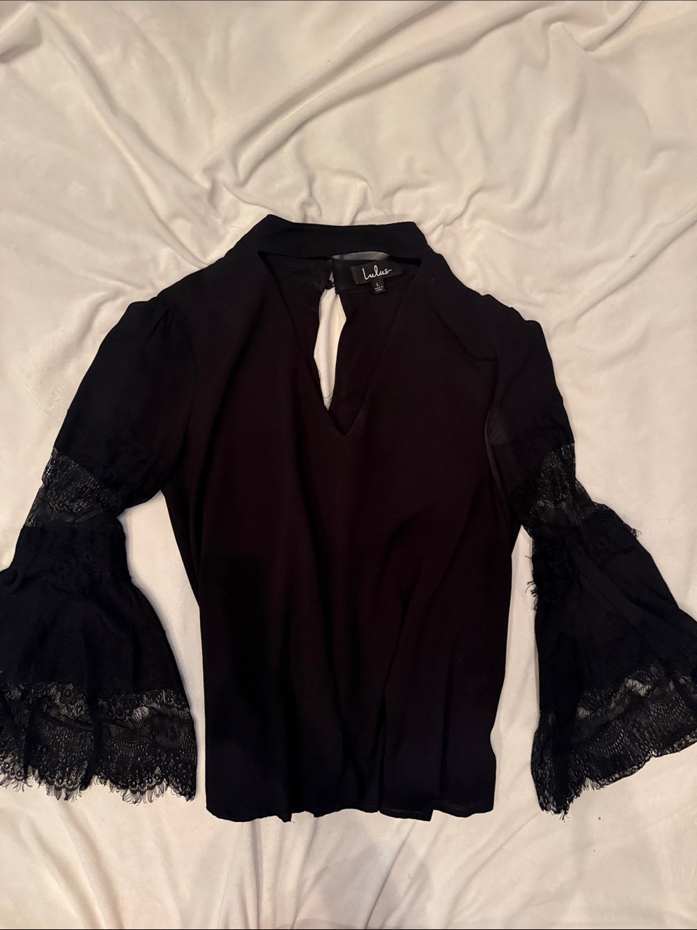 Lulu's Black Lace Bell-Sleeve V-Neck Blouse - Picture 3 of 6